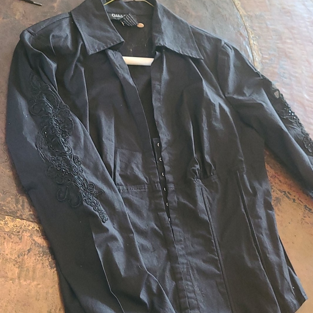 Black dress shirt with hook and eye closure